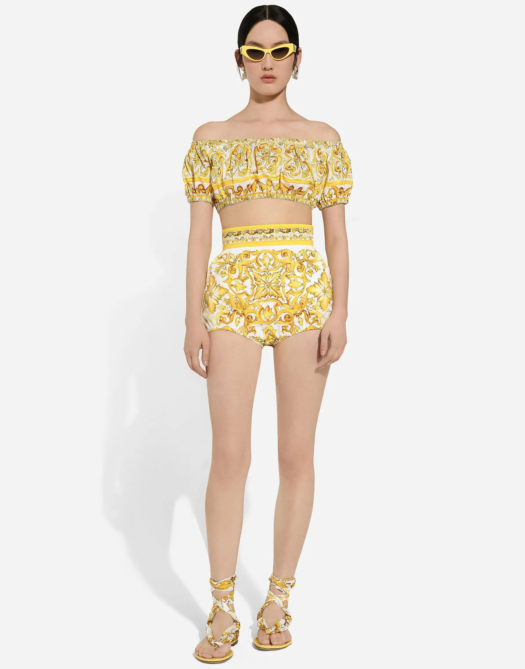 Cotton poplin crop top with majolica print