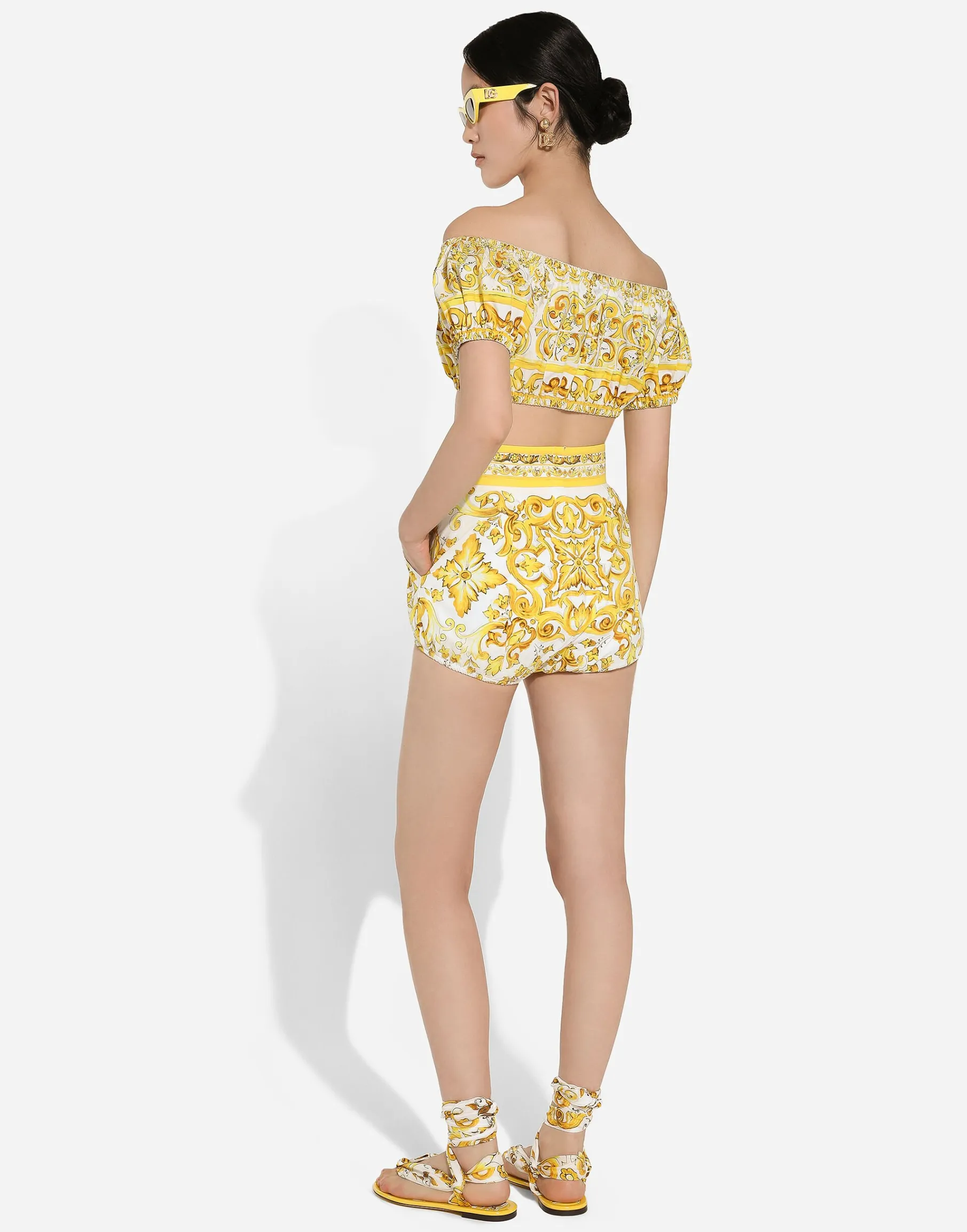 Cotton poplin crop top with majolica print