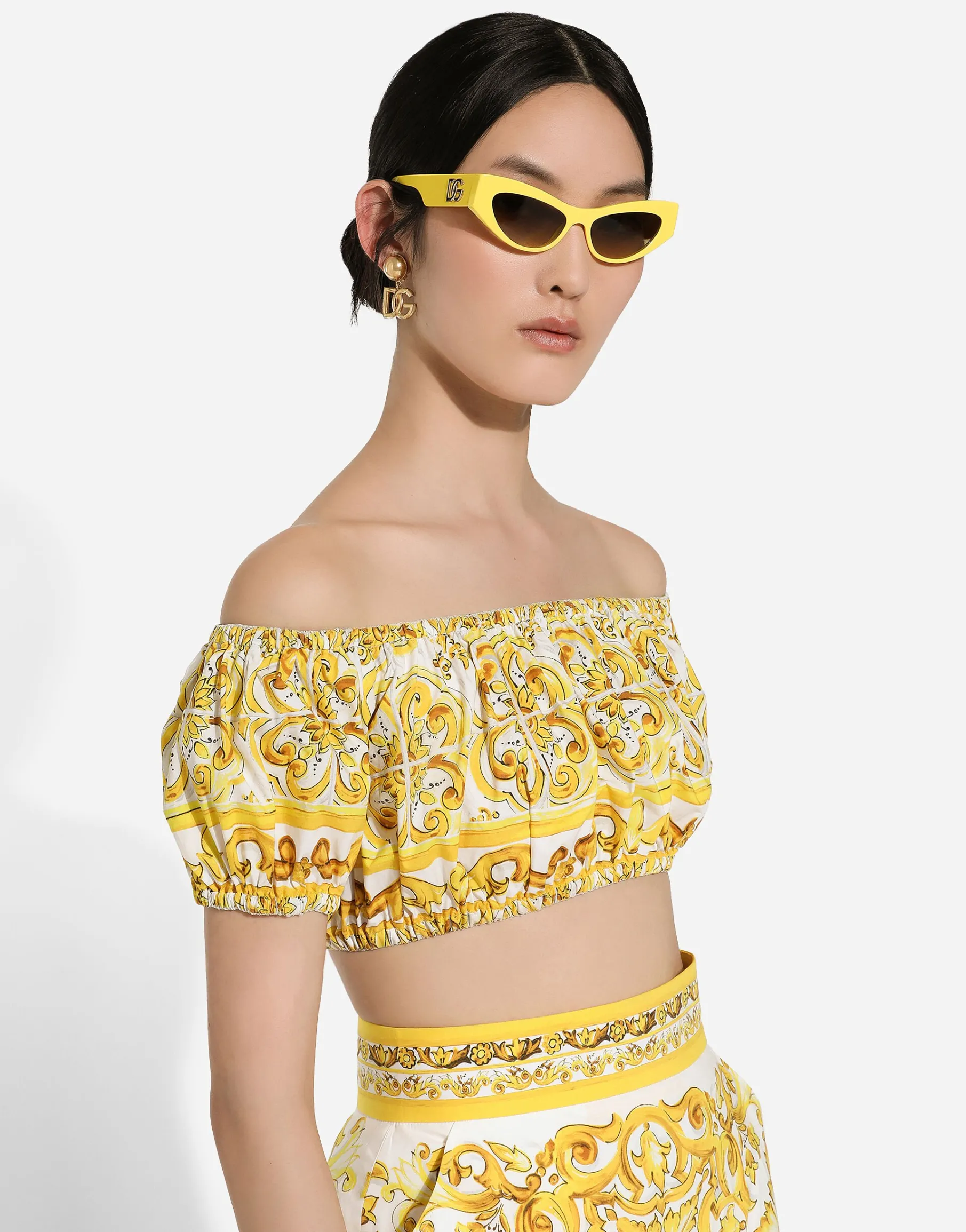 Cotton poplin crop top with majolica print