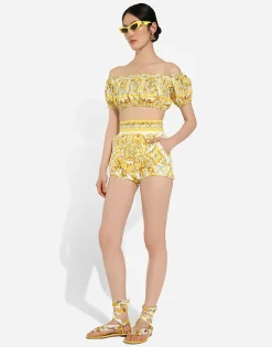 Cotton poplin crop top with majolica print