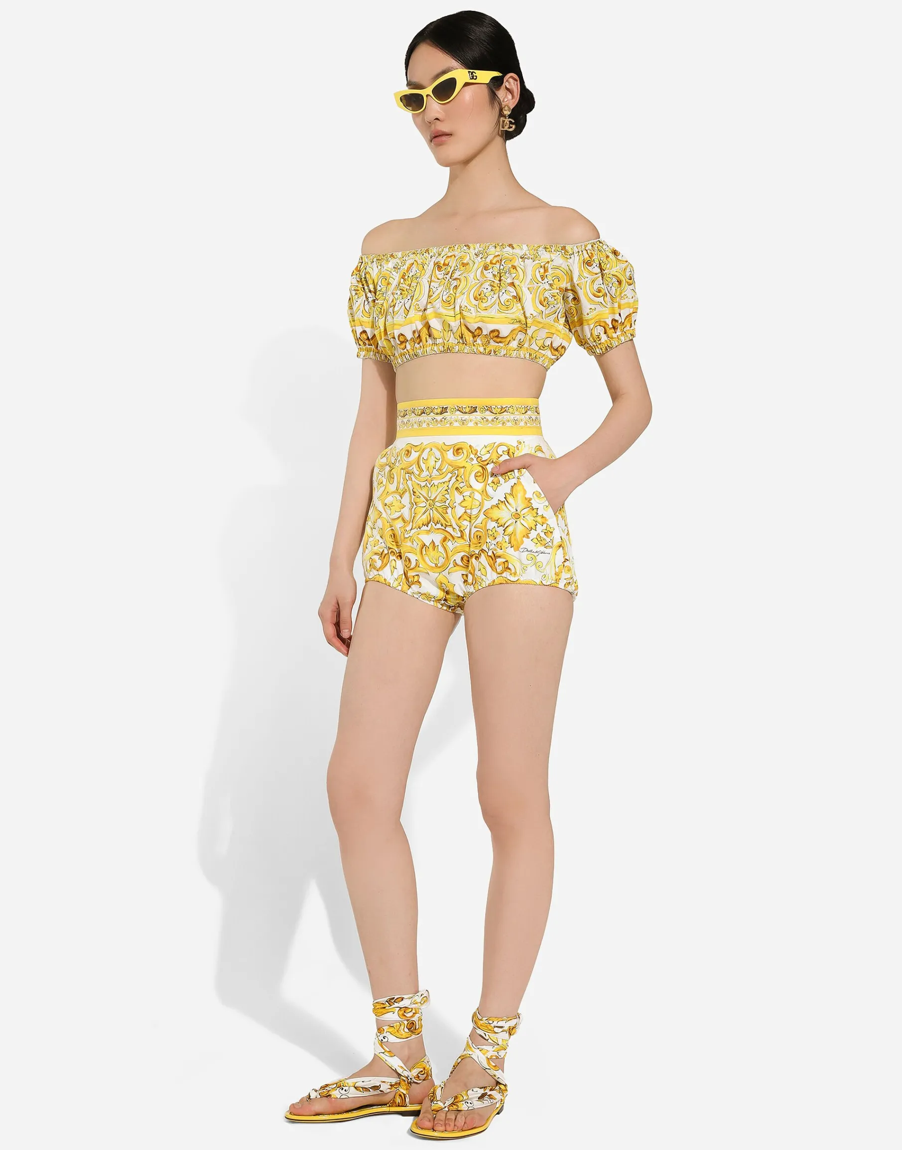 Cotton poplin crop top with majolica print