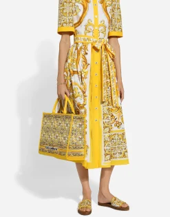 Cotton poplin midi shirt dress with majolica print