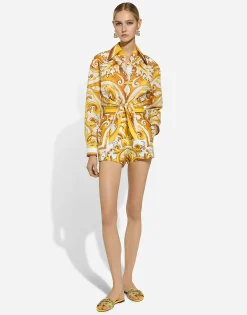 Cotton poplin shorts with majolica print
