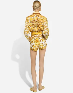 Cotton poplin shorts with majolica print