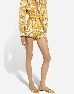 Cotton poplin shorts with majolica print