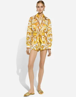 Cotton poplin shorts with majolica print