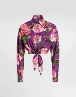 Cotton pussy-bow shirt with rose print