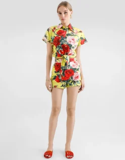 Cotton pussy-bow shirt with bouquet print