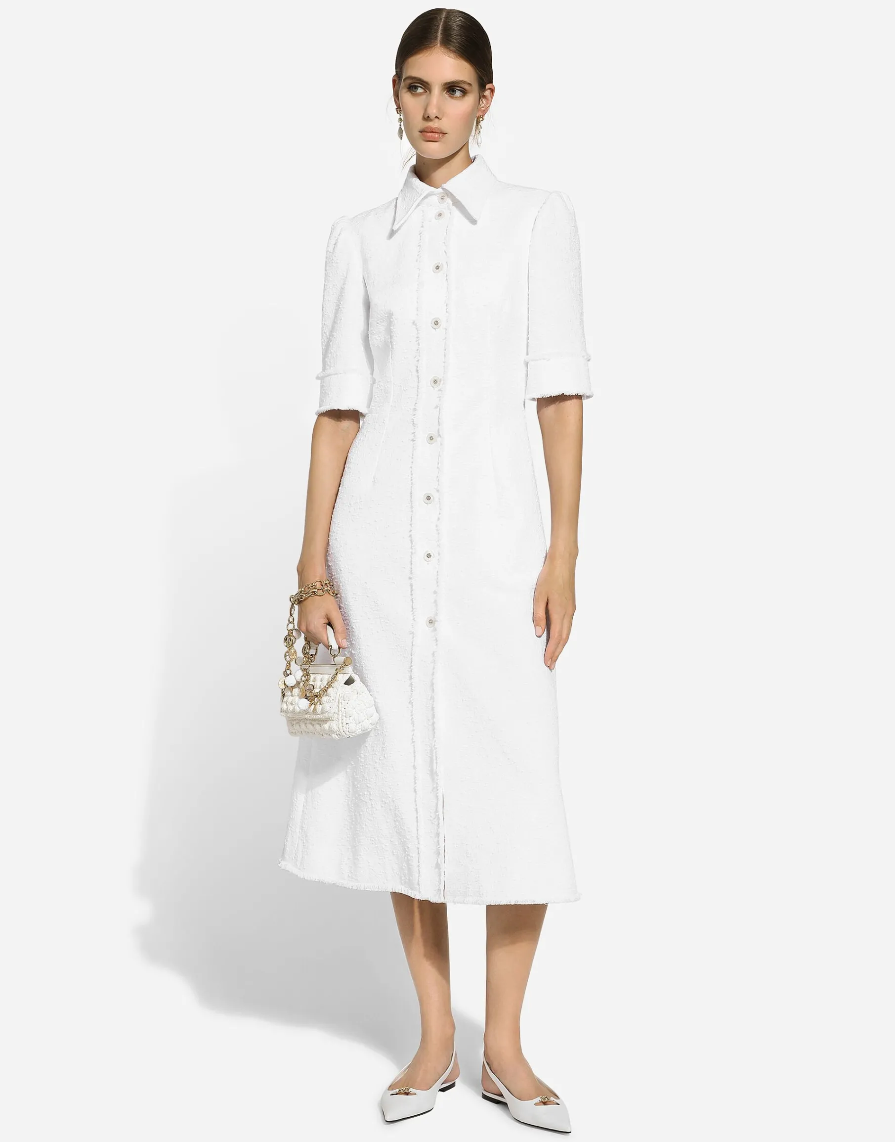 Cotton raschel tweed calf-length dress