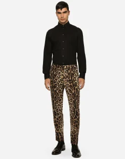 Cotton stretch pants with leopard print