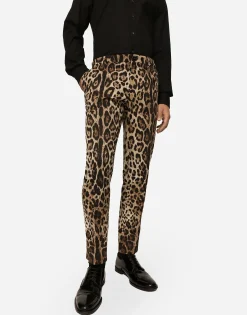 Cotton stretch pants with leopard print