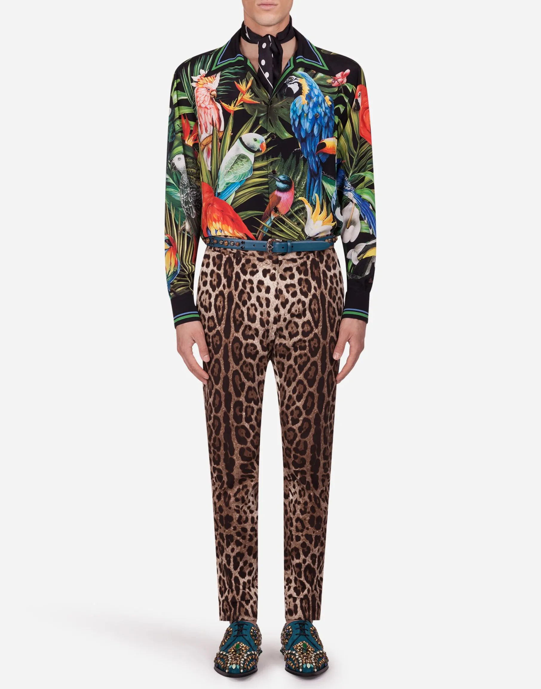 Cotton stretch pants with leopard print