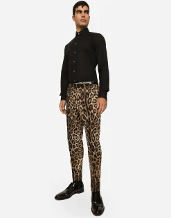 Cotton stretch pants with leopard print
