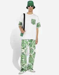 Cotton T-shirt with majolica-print breast pocket