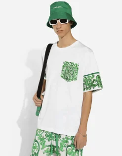 Cotton T-shirt with majolica-print breast pocket