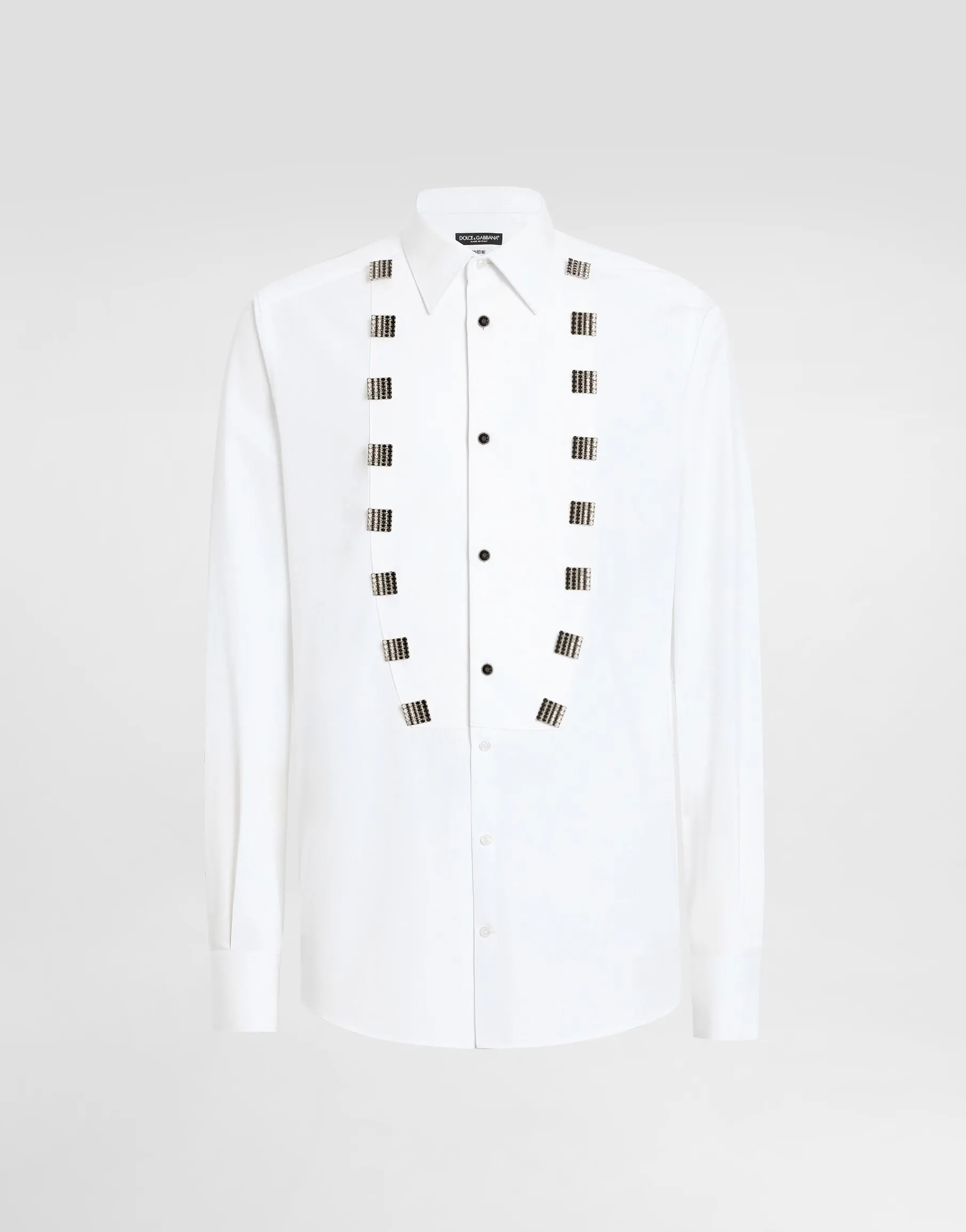 Cotton tuxedo shirt with bejeweled appliqués