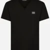 Cotton V-neck T-shirt with branded tag