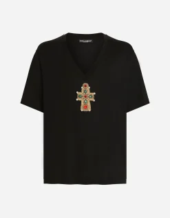 Cotton V-neck T-shirt with patch
