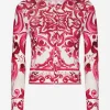 Crew-neck silk sweater with Majolica print