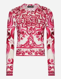 Crew-neck silk sweater with Majolica print