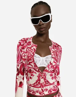 Crew-neck silk sweater with Majolica print