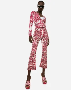 Crew-neck silk sweater with Majolica print