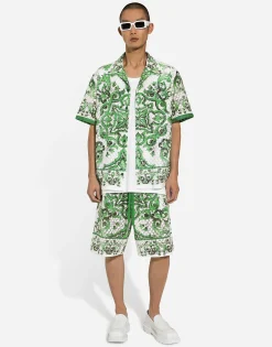 Crochet lace jogging shorts with majolica print