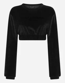 Cropped chenille sweatshirt with carpet-stitch embroidery