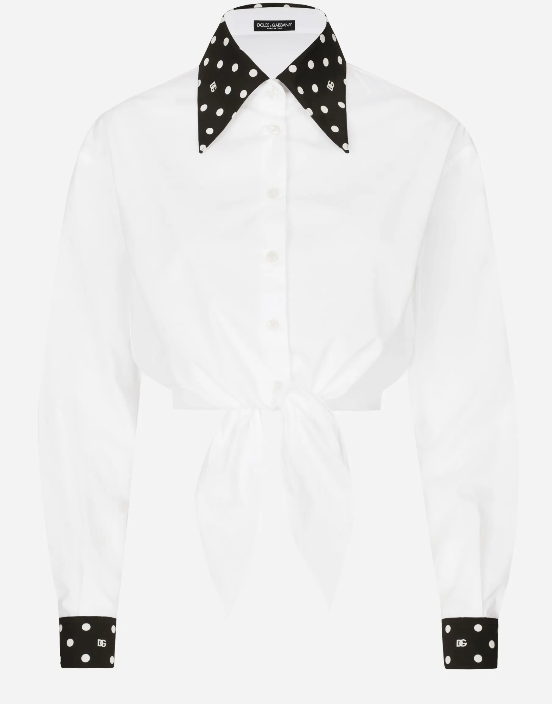 Cropped cotton poplin shirt with knot detail and polka-dot print