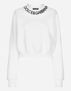 Cropped jersey sweatshirt with logo embroidery on neck