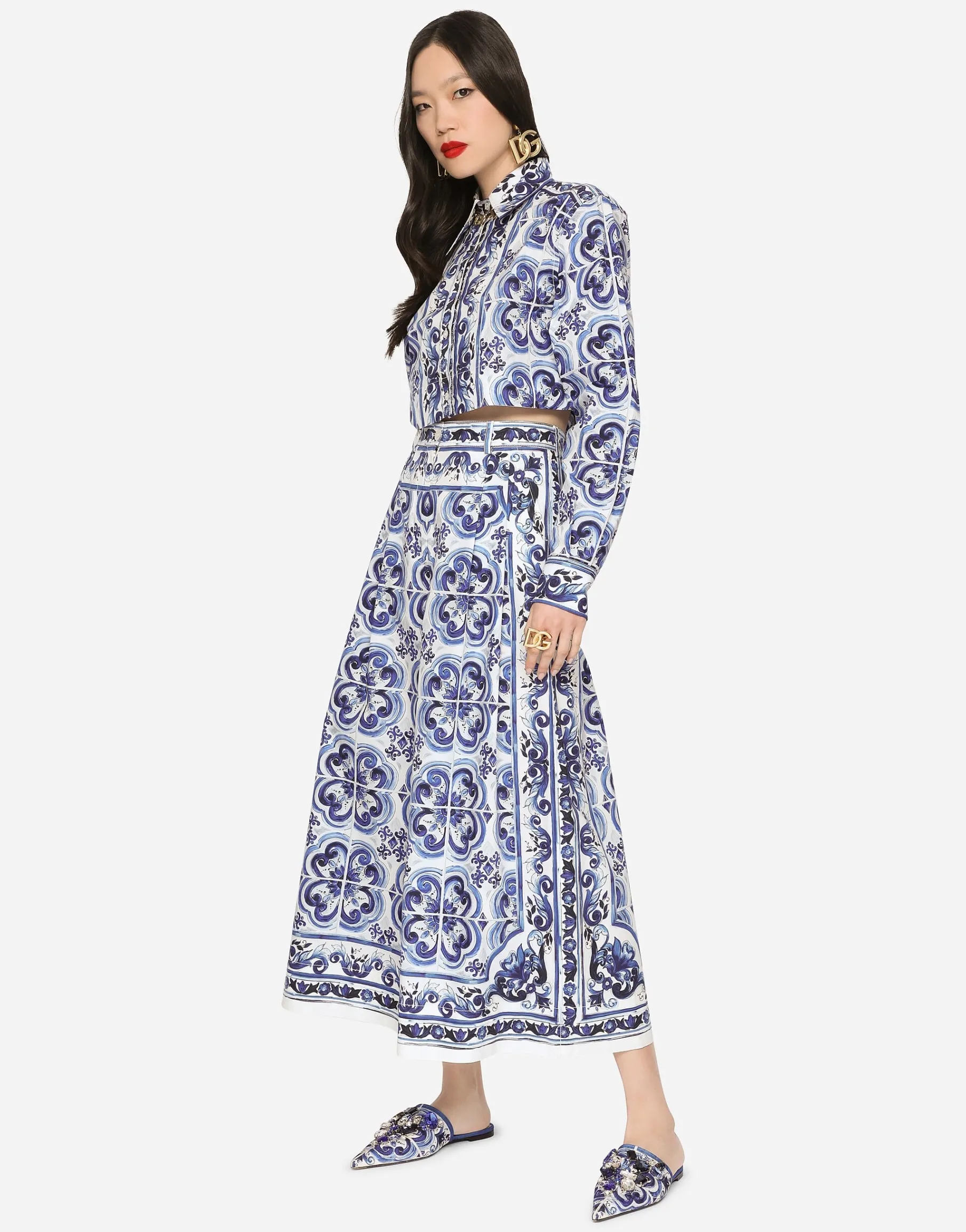 Cropped majolica-print poplin shirt