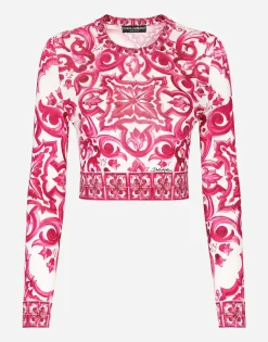 Cropped Majolica-print silk sweater