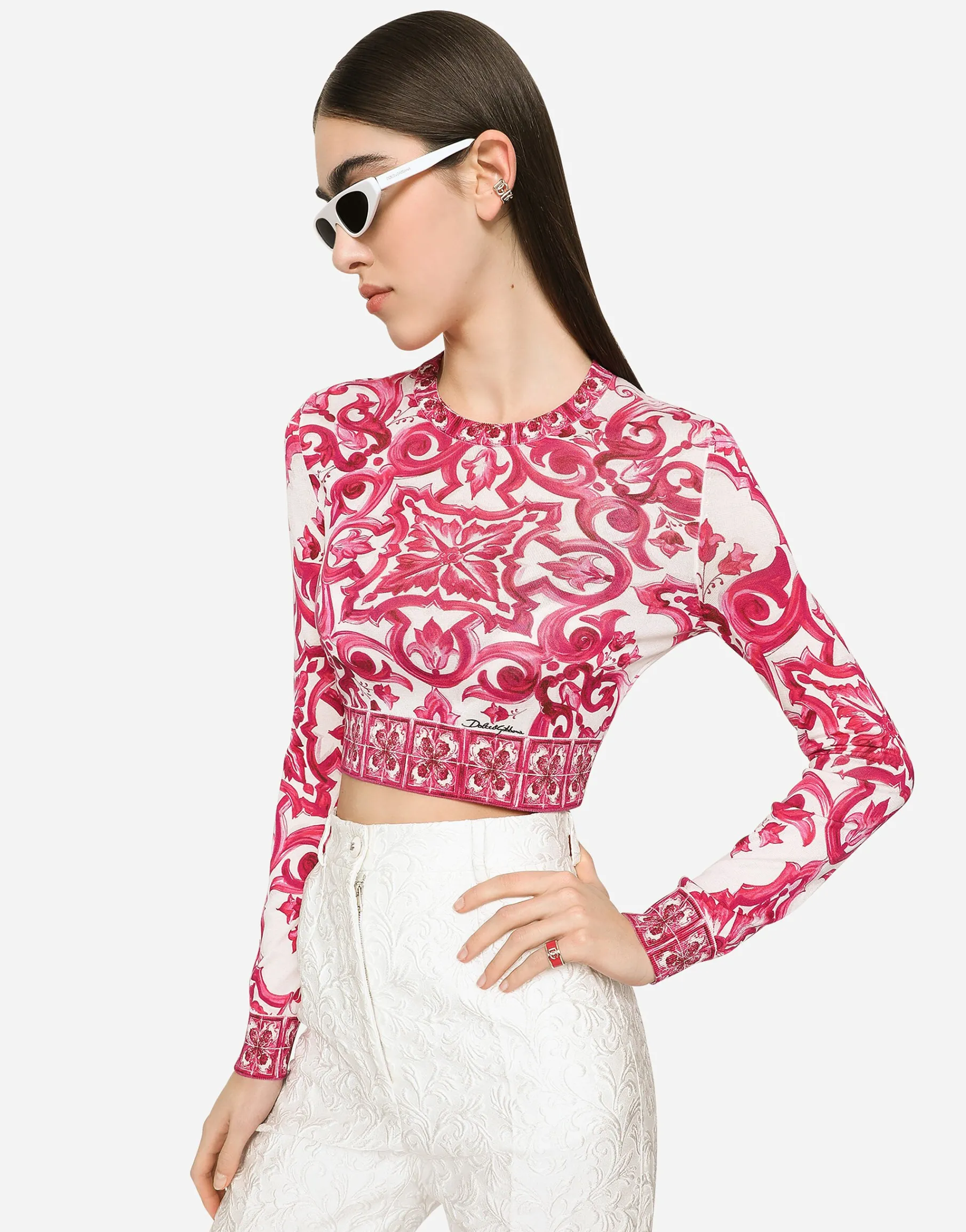Cropped Majolica-print silk sweater