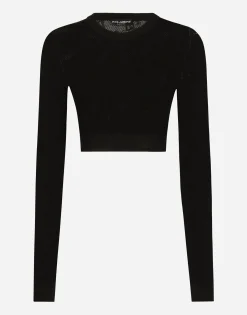 Cropped mesh-stitch viscose sweater with jacquard DG logo