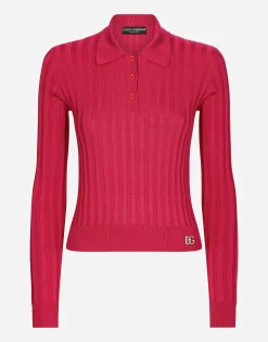 Cropped polo shirt in ribbed silk