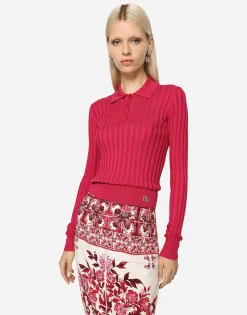 Cropped polo shirt in ribbed silk