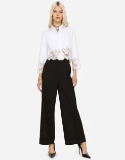 Cropped poplin shirt with lace inserts