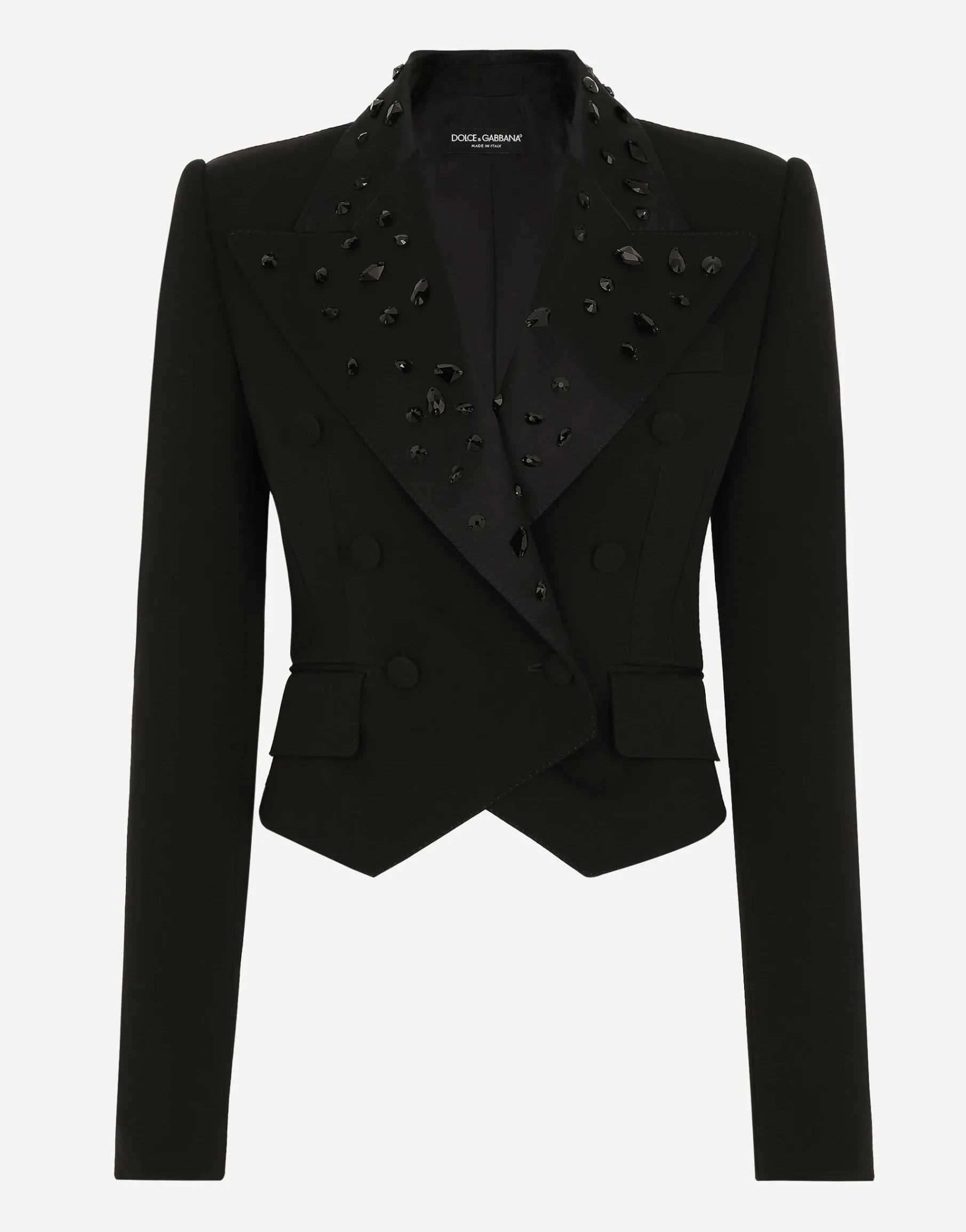 Cropped wool jacket with rhinestone details