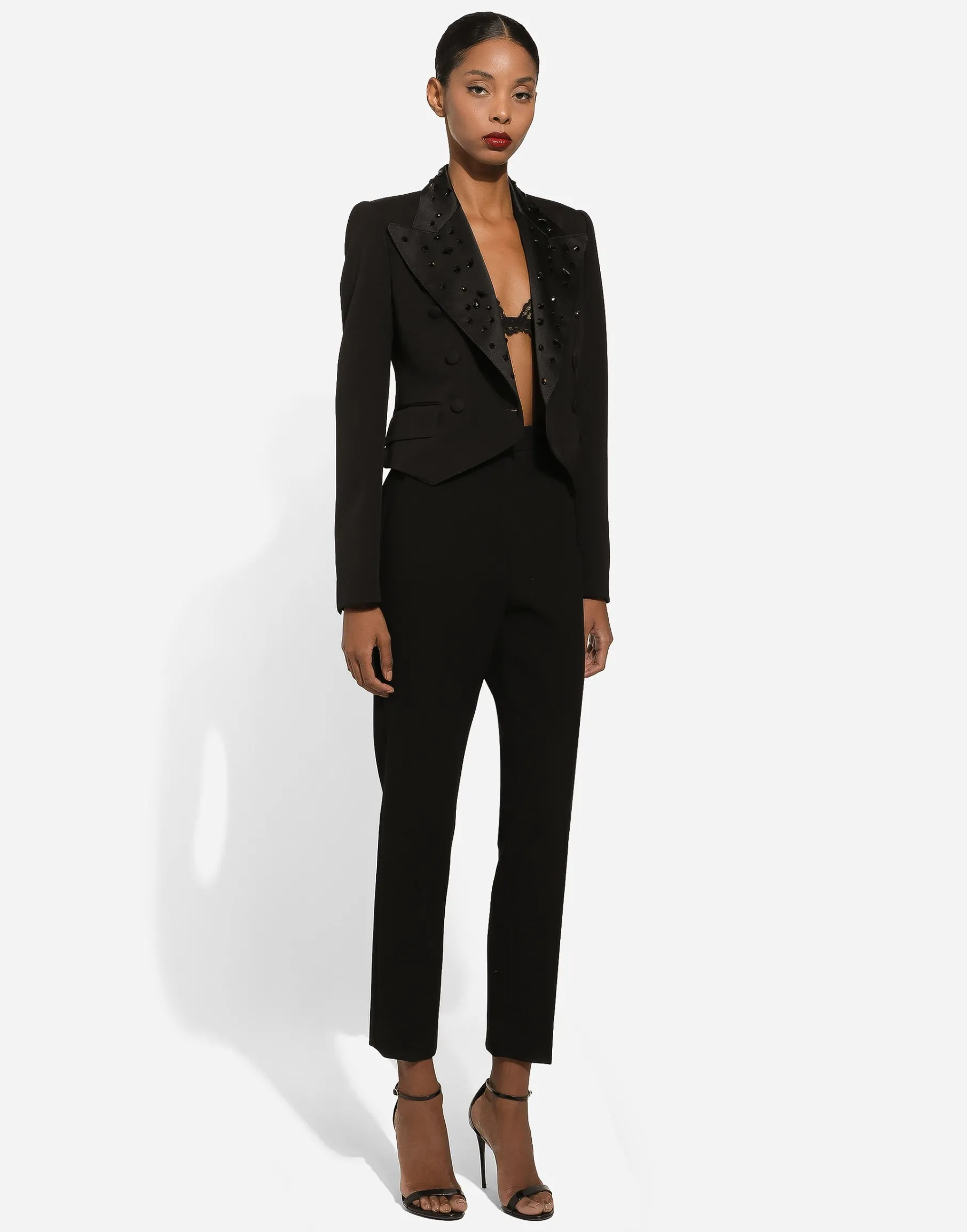 Cropped wool jacket with rhinestone details