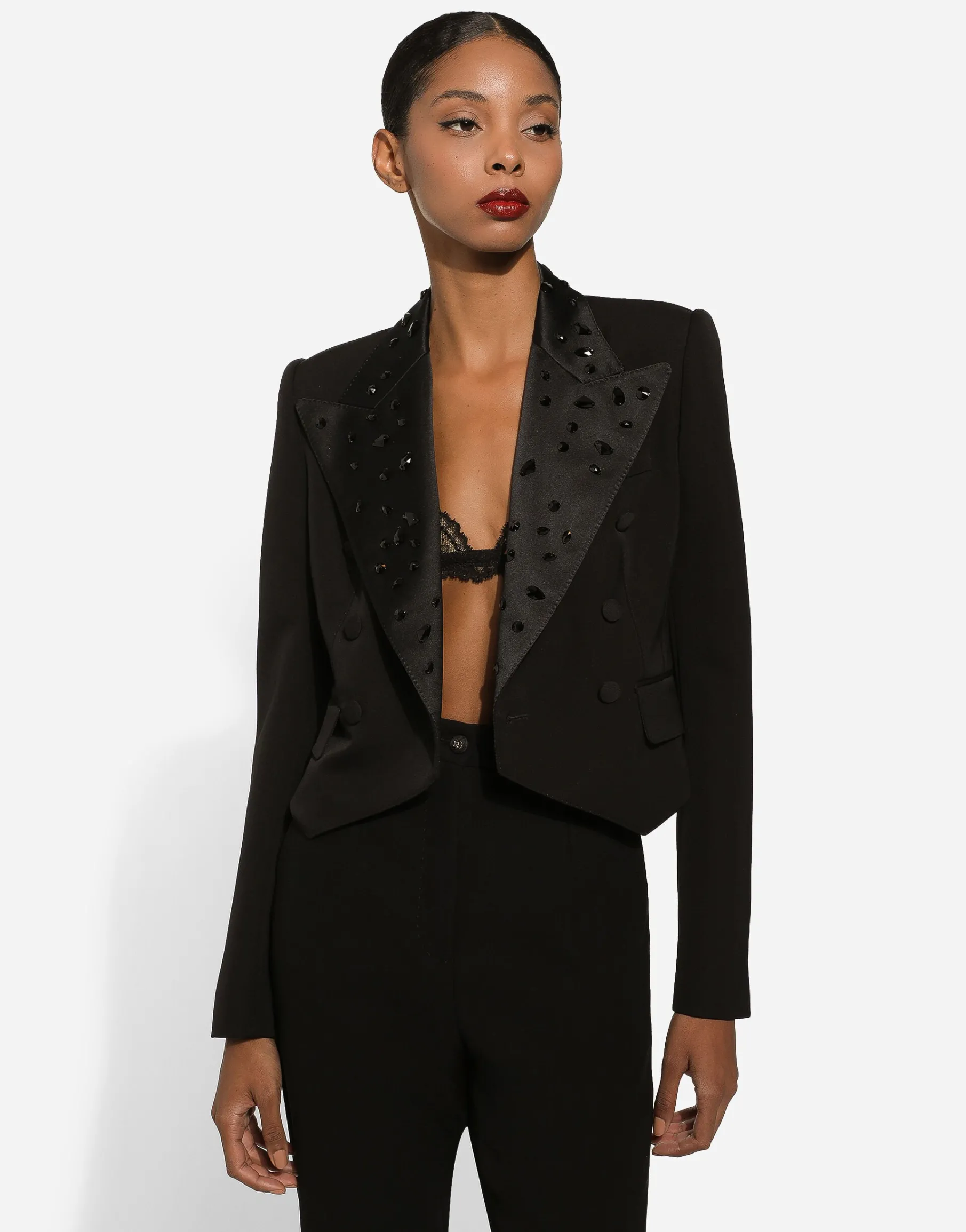 Cropped wool jacket with rhinestone details