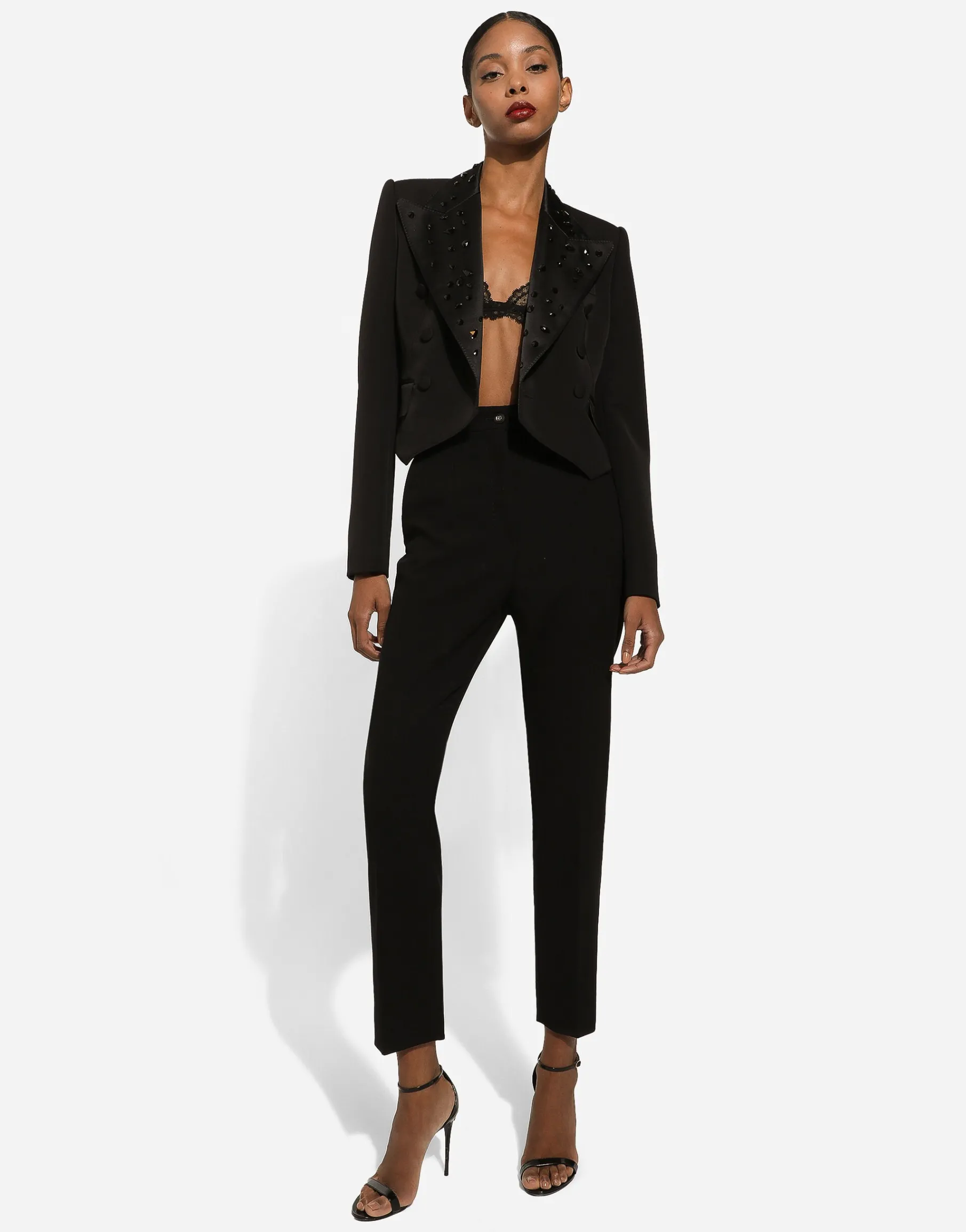 Cropped wool jacket with rhinestone details