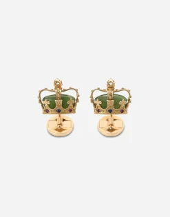 Crown yellow gold cufflinks with green jades