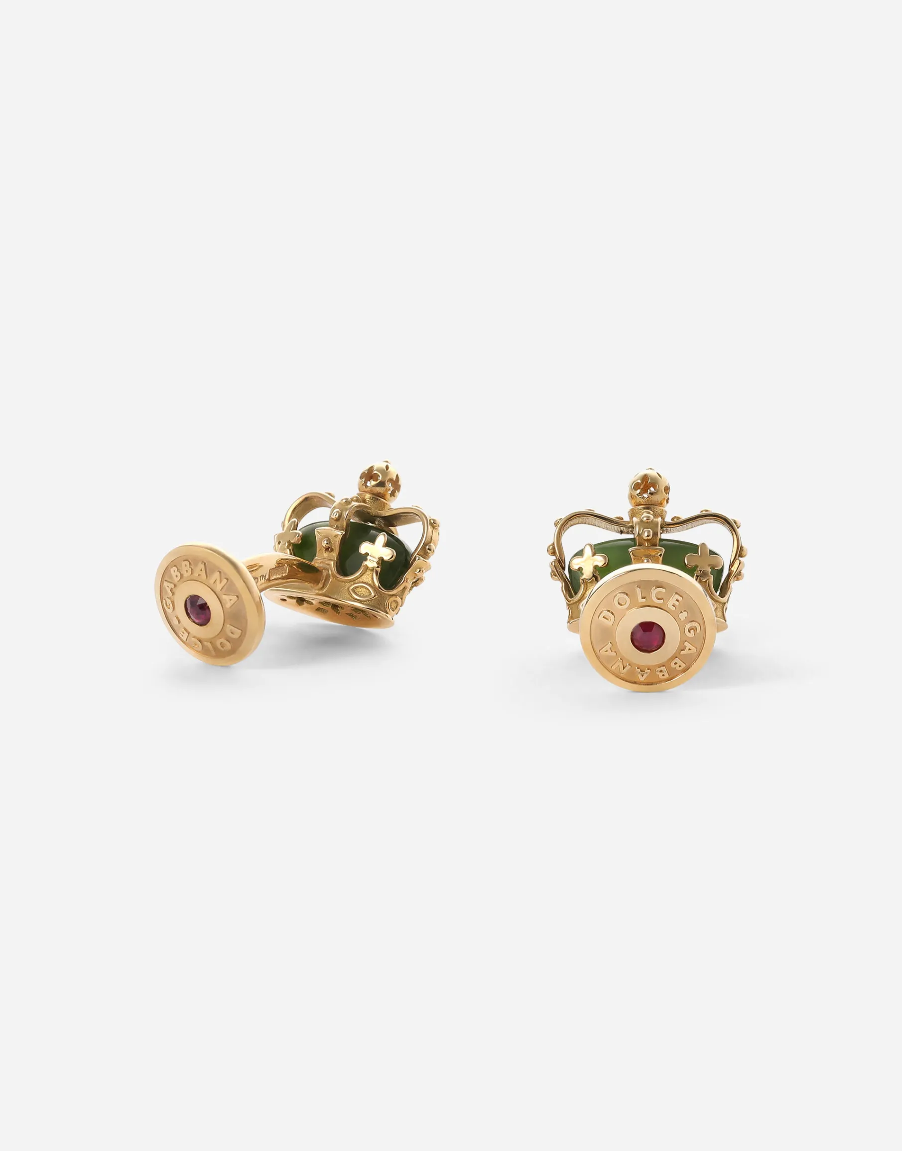 Crown yellow gold cufflinks with green jades