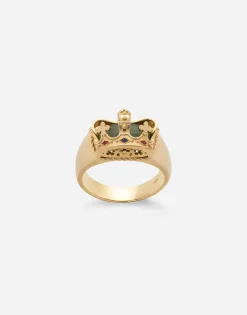 Crown yellow gold ring with green jade on the inside