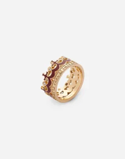 Crown yellow gold ring with burgundy enamel crown and diamonds