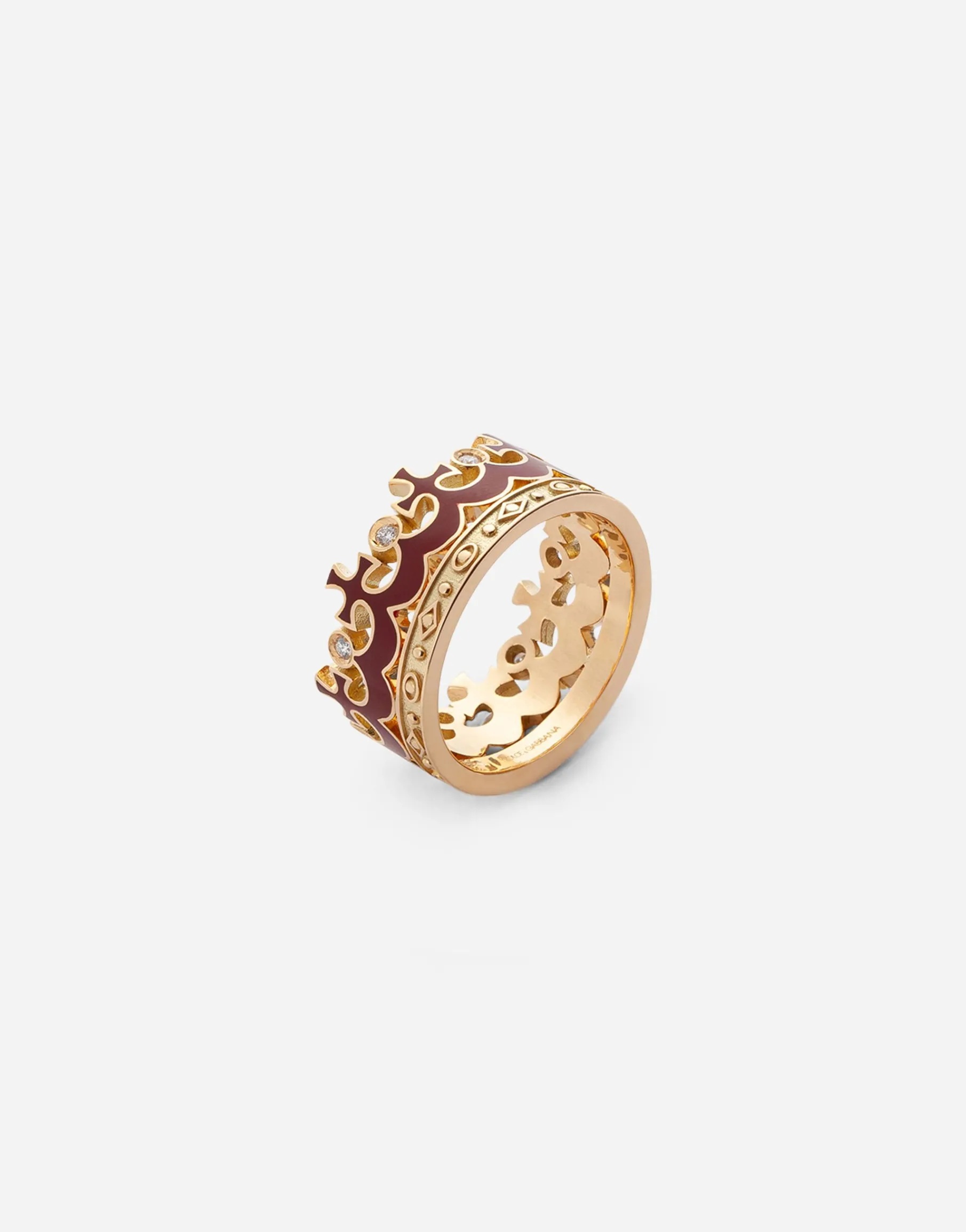 Crown yellow gold ring with burgundy enamel crown and diamonds