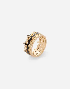 Crown yellow gold ring with black enamel crown and diamonds