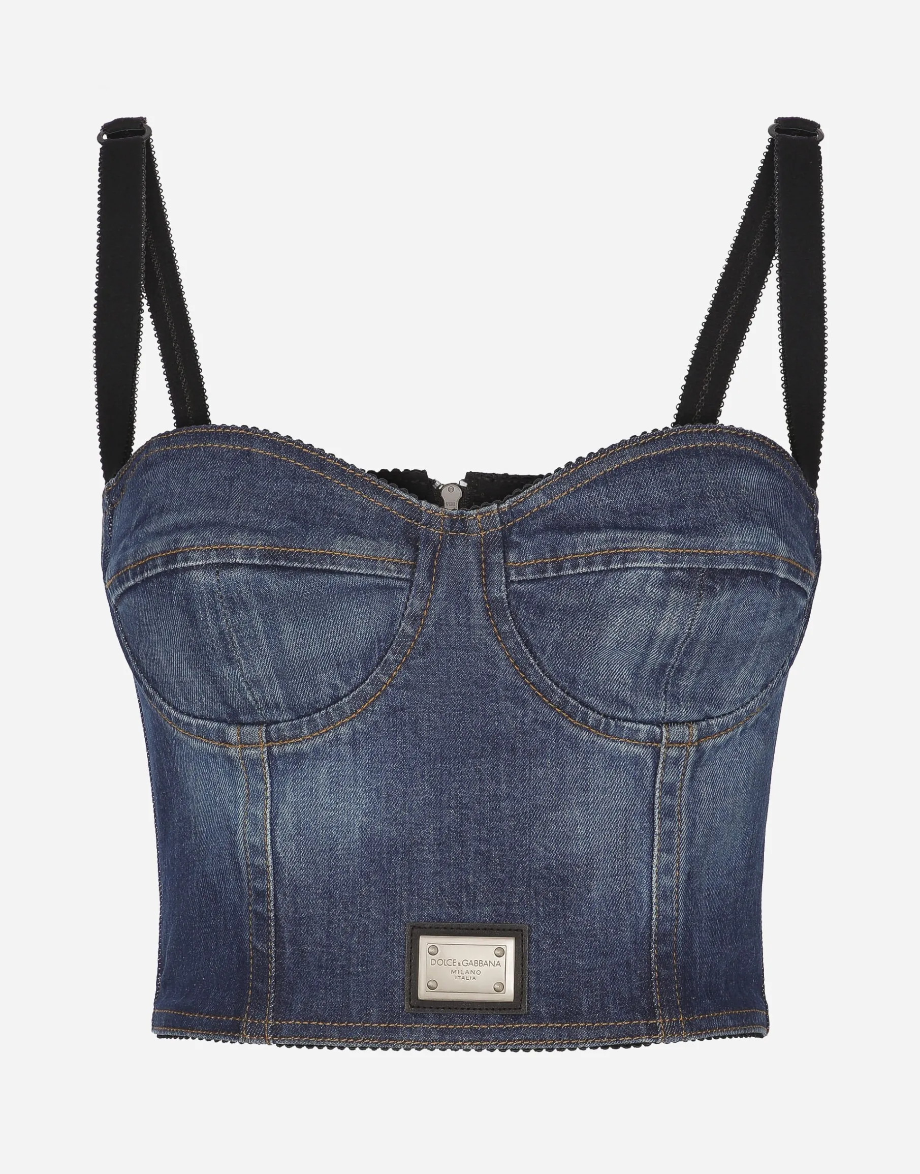 Denim corset top with logo tag