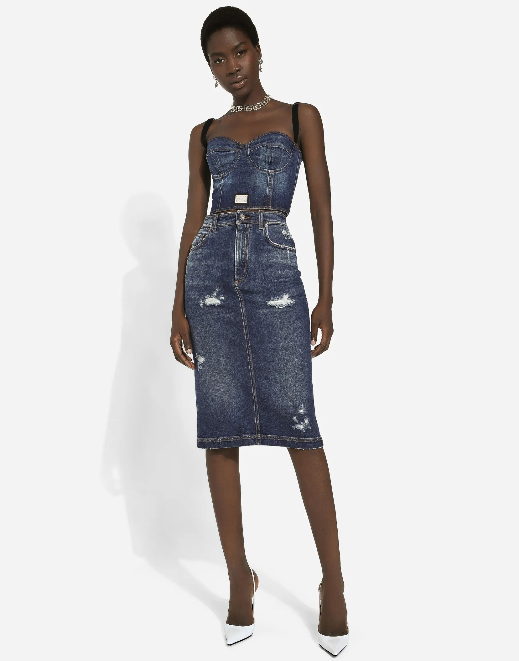 Denim corset top with logo tag