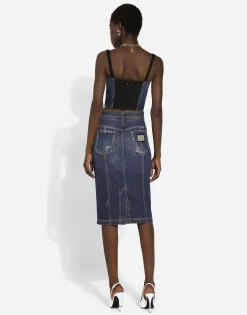 Denim corset top with logo tag